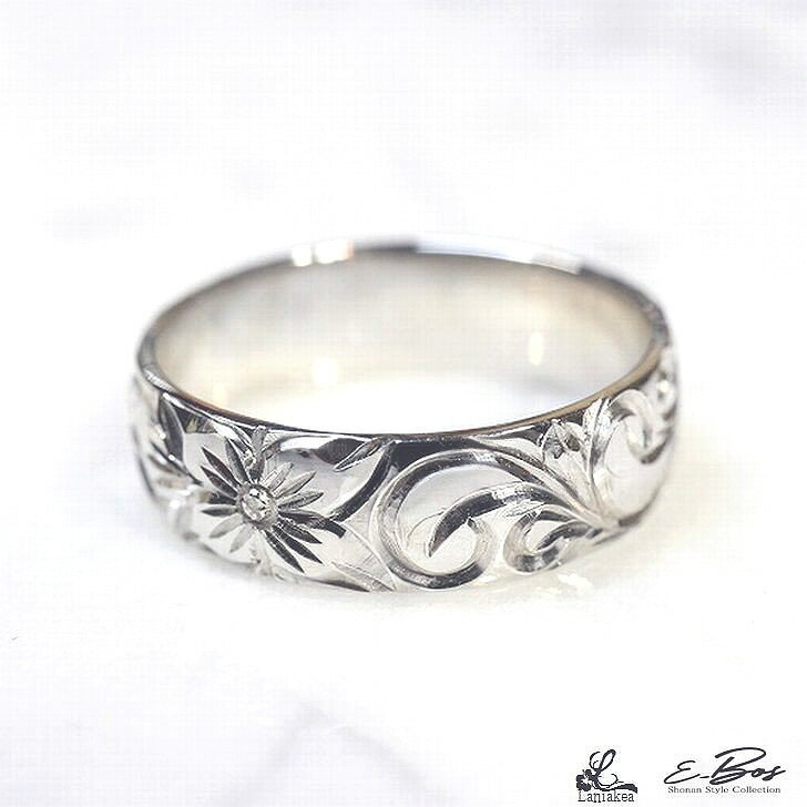 ハワイアンジュエリー リング 指輪 Laniakea 手彫り K10 K18 ホワイトゴールド プラチナ 5mm幅 指輪 プリンセス デザイン メンズ レディース lfp029