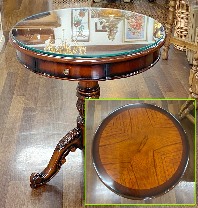 ★倉庫移転の為、総売り尽くしセール!★ マホガニー アンティーク調 サイドテーブル コーヒーテーブル 引出し2個付き 【送料無料】ラウンドタイプ コーヒーテーブ...