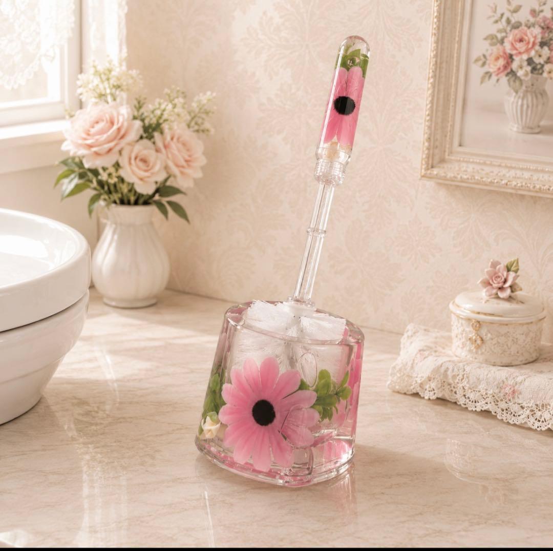 ★秋のインテリア大感謝祭★ 水中花 ピンク ハート プラスチック製 トイレブラシセット トイレブラシ ブラシ立て セット トイレ掃除 掃除用品 洗面所 薔薇 花柄 雑貨 ホテル 店舗 サニタリー 掃除用具 薔薇デザイン 輸入雑貨 アンティーク調 新生活