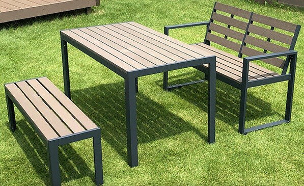 【メーカー直送】 人工木テーブル長方形 背付ベンチ&人工木ベンチセット ウッド ガ...