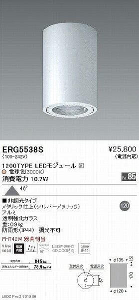 ERG5538S 遠藤照明 軒下用シーリングライト シルバー LED（電球色）