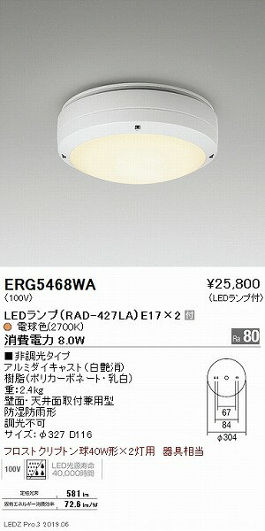 ERG5468WA 遠藤照明 軒下用シーリングライト 白 2灯用 LED（電球色）