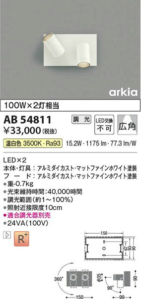 AB54811 コイズミ ブラケットライト 2灯 LED 温白色 調光 広角 [2]