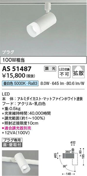 AS51487 コイズミ レール用スポットライト ホワイト LED 昼白色 調光 [2]