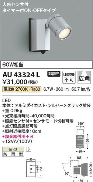 AU43324L コイズミ 屋外用スポットライト LED（電球色） センサー付