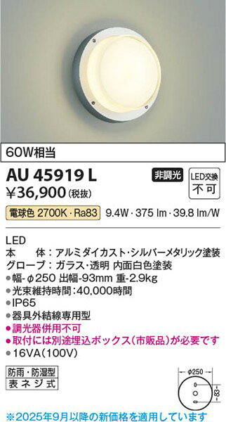 AU45919L コイズミ ポーチライト LED（電球色）