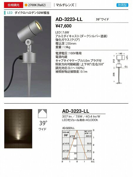 AD-3223-LL 山田照明 屋外スポットライト ダークシルバー LED 電球色 調光 39度