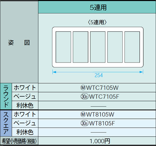 WT8105W パナソニック スイッチプレート (5連用) (スクエア) ホワイト