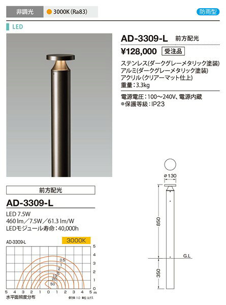 AD-3309-L 山田照明 ガーデンライト 前方配光 ダークグレーメタリック LED（電球色）