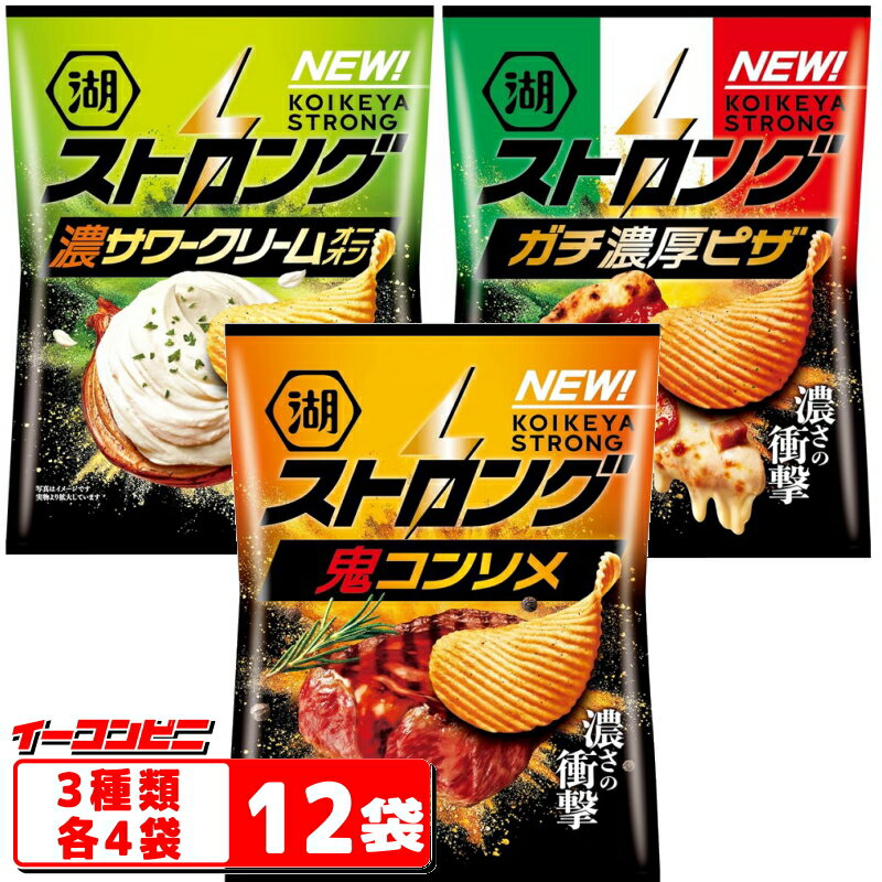 湖池屋　ストロング　3種各4袋セット（計12袋）「濃厚ピザ／鬼コンソメ／濃サワークリームオニオン」　ポテトチップス　ギザギザ【送料無料(沖縄・離島除く)】
