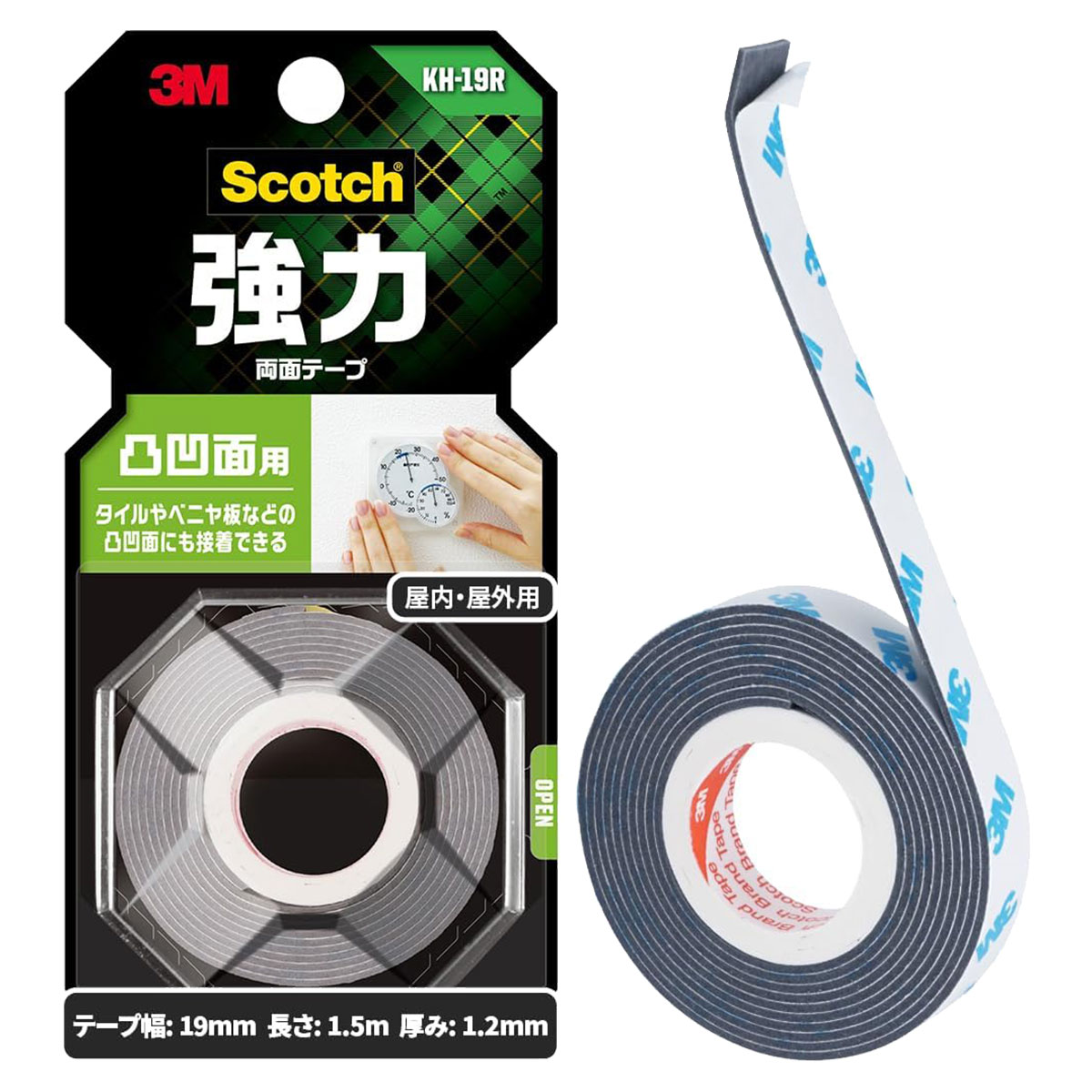 乐天商城 - 両面テープ スコッチ 強力両面テープ 凸凹面用 KH-19R 灰 幅19mm×長さ1.5m×厚み1.2mm 3M Scotch 屋内 屋外 両面テープ 強力 タイル アクリル 耐候 M8