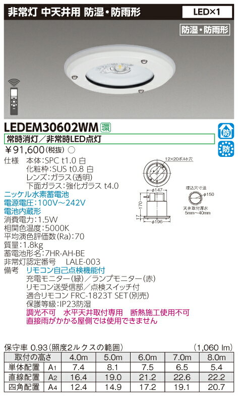 【法人様限定】東芝　LEDEM30602WM　LED非常灯　防湿・防雨形　中天井用（〜8m）　30形　φ150