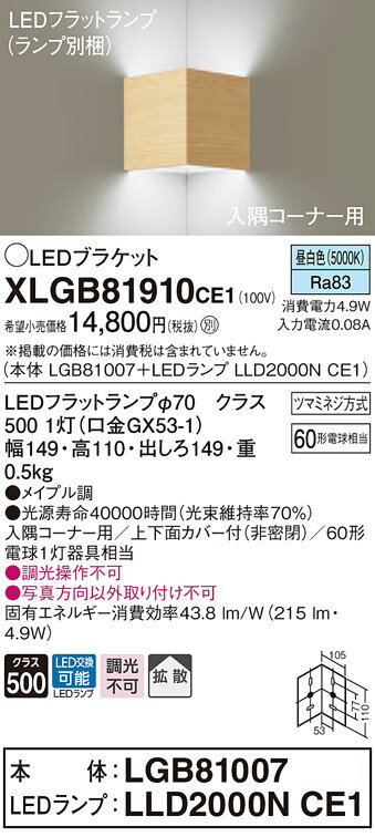 【法人様限定】パナソニック XLGB81910CE1 LEDブラケット 壁直付型 昼白色【LGB81007 + LLD2000N CE1】