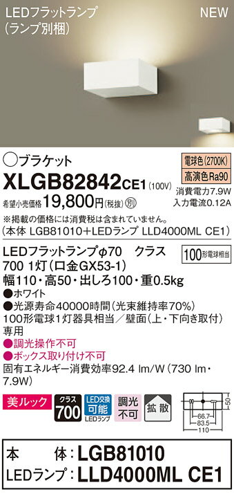 【法人様限定】パナソニック XLGB82842CE1 LEDブラケット 壁直付型 電球色【LGB81010 + LLD4000ML CE1】