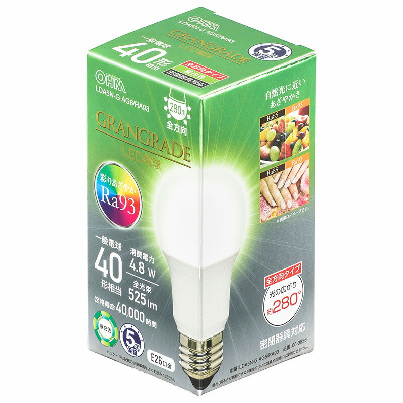 オーム電機　LDA5N-G AG6/RA93　LED電球 E26 40形相当 昼白色 [品番]06-3856
