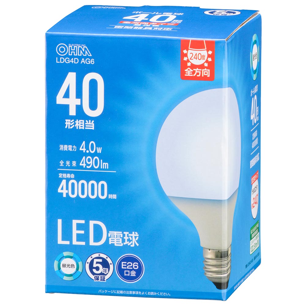 オーム電機　LDG4D AG6　LED電球ボール電球形E26 40形相当 G95昼光色 [品番]06-5528