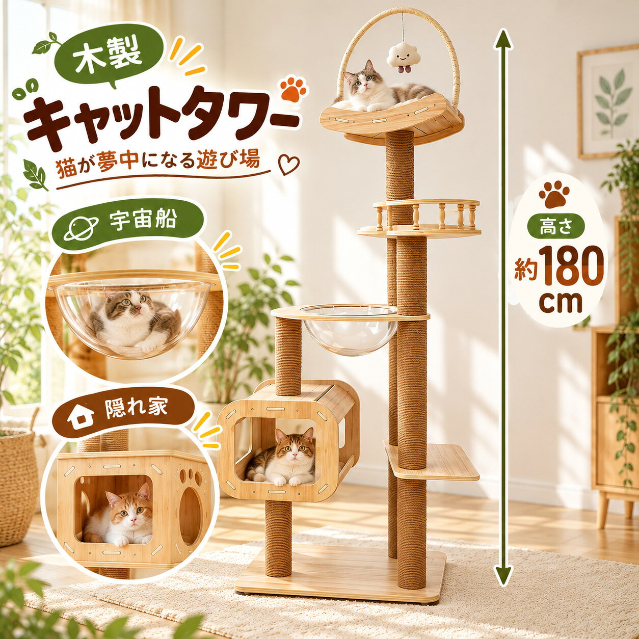 キャットタワー 木製 宇宙船 大型 スリム 猫タワー 据え置き 爪とぎ...