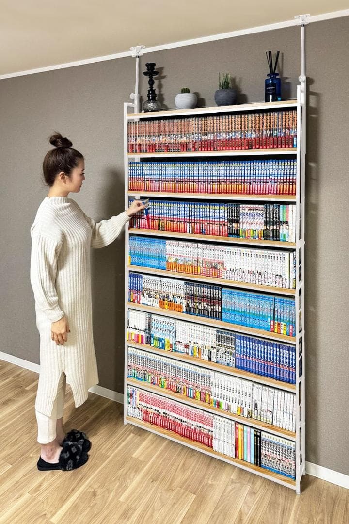 突っ張り本棚 突っ張りラック 突っ張り収納 突っ張り式 突っ張り棚 大容量 幅約101cm 高さ約211〜270cm 奥行約14.5cm ホワイト×ナチュラル 送料無料 ※北海道、沖縄県、離島を除く 【ロジ発送】