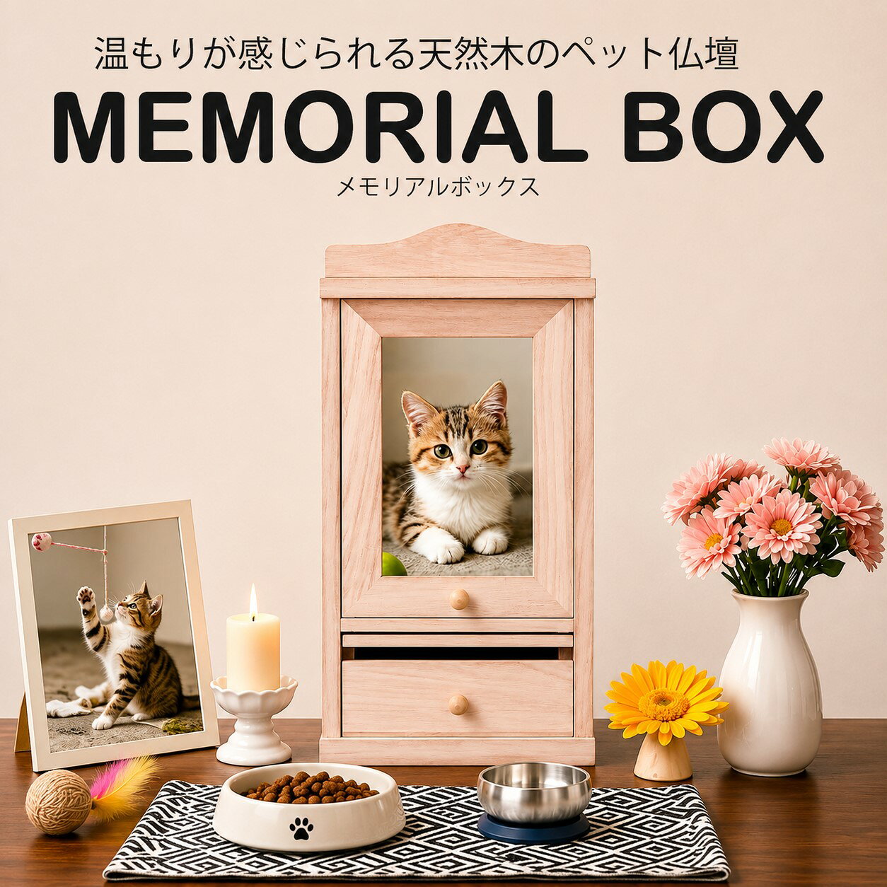 大切な家族への想いを、かたちに。 愛するペットとの思い出をいつまでも大切にしていただけるよう、天然木を使用し、職人が一つひとつ丁寧に仕上げたメモリアル仏壇です。木の温もりとシンプルで上品なデザインが、お部屋に自然と溶け込み、毎日やさしく手を合わせられる特別な空間を演出します。 【天然木・職人手作り】 美しい木目を生かした天然木を使用。温もりを感じられるモダンなデザインで、インテリアにも調和します。 【LED照明付き】 内蔵LEDライトが祭壇をやさしく照らし、昼夜を問わず落ち着いた供養空間を演出します。 【スライド式供物台】 お花・お線香・お供え物・おやつなどを置ける便利な供物台付き。使用後は収納できるため見た目もすっきり。 【引き出し収納】 首輪・写真・遺毛ケース・おもちゃ・思い出の品などをまとめて保管できます。 【コンパクト設計】 リビングや寝室、マンションなど限られたスペースにも設置しやすく、大切な家族をいつも身近に感じながら供養していただけます。 ■取扱商品は海外輸入品ですので、多少のキズなどがある場合がございます。ご了承下さいませ。 ■メーカーの生産時期により、製品仕様が画像と若干異なる場合がございます。ご了承下さいませ。 ●ご注文後のキャンセル・変更・返品はお受けできません。 ●お客様都合（イメージ違い）、ご使用に問題の無いキズ・汚れ等による返品交換は承っておりません。 ●備考欄への入力は送り状へ記載ができません。 ●サイズにつきましては実数値と規定値で多少の誤差が生じますのであらかじめご了承ください。 ●掲載の商品画像につきましては、モニターの種類・設定等により、実際の商品とは素材感や色味が異なる見え方をする場合があります。 ●商品仕様は、予告無く仕様変更される場合がございます。 ●代金引換はご利用いただけません。 ●メーカー直送になりますので、発送が翌営業日以降になります。また在庫や入荷状況により、お届けまでに多少のお時間を頂く場合もございます。予めご了承ください。 ●予約商品に関しましては、システムの設定上お届け日時指定を設定できますが無効となります。