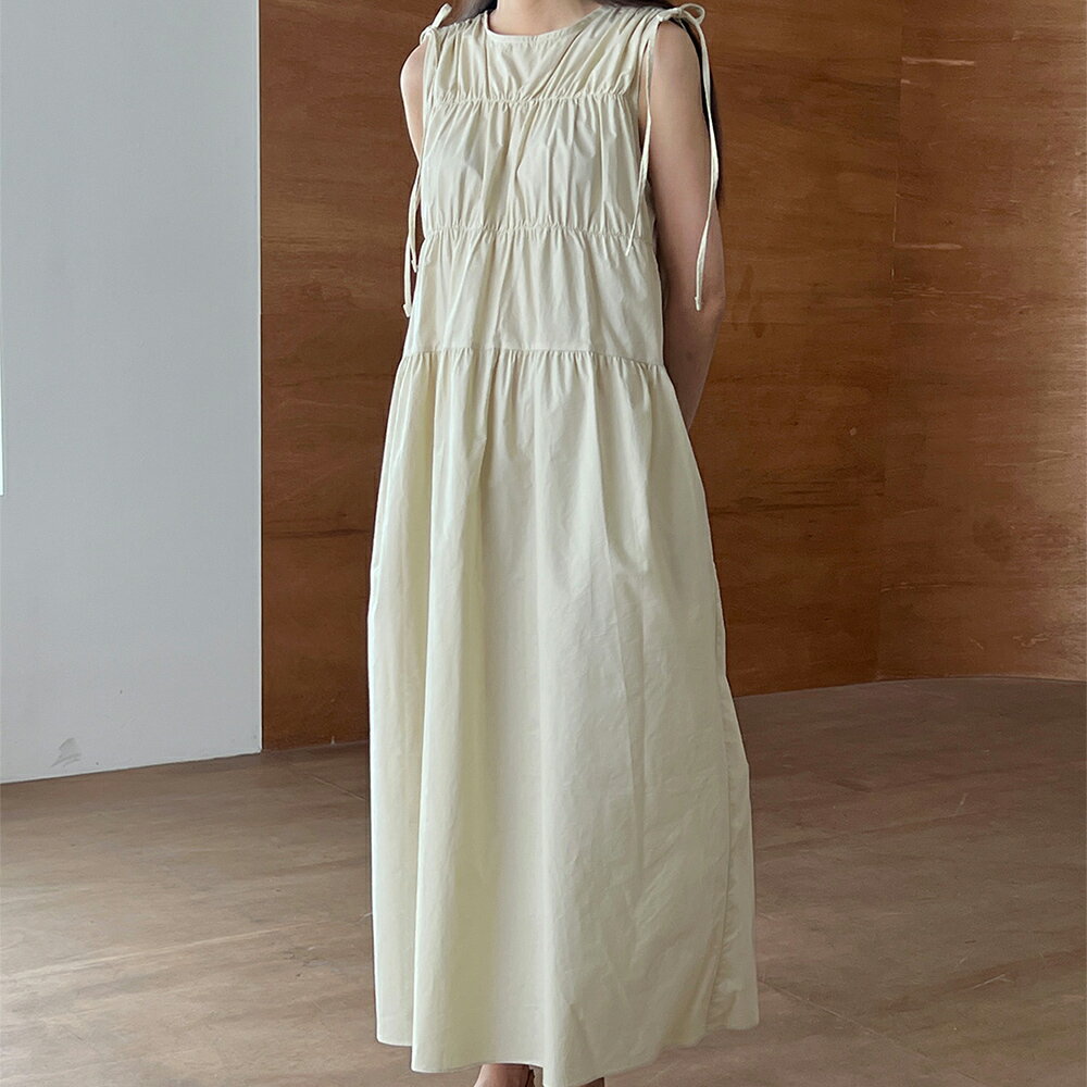 肩リボンギャザーノースリーブワンピース 体型カバー ゆったり かわいい レディースファッション 大人カジュアル プチプラ 定番リボン かわいい きれいめ シンプル 大人 上品 おしゃれ