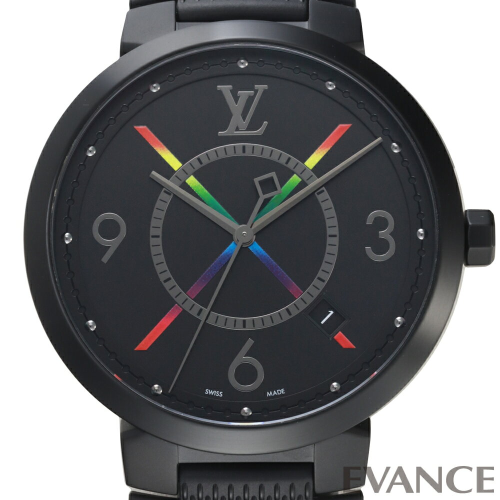 ◆週替りポイントUP◆【中古】 ルイ・ヴィトン タンブール スリム レインボー QA113 ブラック メンズ 【腕時計】【LOUIS VUITTON】