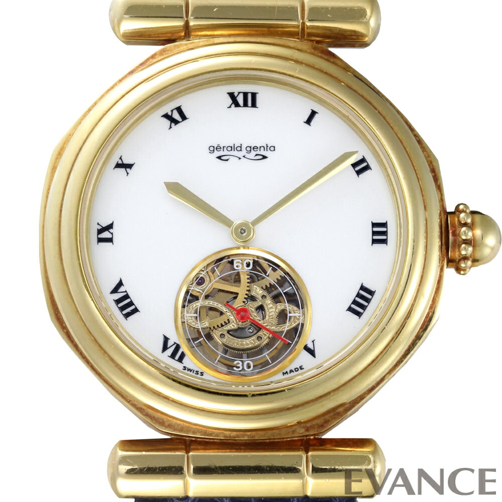 83％小傷程度 ■ブランド GERALD GENTA ジェラルド・ジェンタ ■商品名 トゥールビヨン ■型番 G4008.4 ■素材 18Kイエローゴールド ■サイズ メンズ（直径36mm） ■動力 自動巻き ■ダイアル ホワイト ■インデックス ローマ ■ベルト ブルーアリゲーター（バックル） ■防水 日常生活防水 ■保証 なし ■コンディション 83％ ■付属品 なし ■機能／その他 トゥールビヨン シースルーバック ※ご委託商品のため保証無し、返品保証の対象外となります。あらかじめご了承くださいませ。 シンプルな佇まいの中に、八角形のケースやシリンダー型のラグ、独特な形状のリューズなど、ジェラルド・ジェンタらしいデザインコードを随所に取り入れた一本。1990年代のトゥールビヨンモデルです。 ダイアルの6時位置には、美しく装飾が施されたトゥールビヨン・キャリッジが確認でき、赤い秒針がアクセントを添えています。 また、シースルーバック越しには、工芸品を思わせる緻密な装飾が施されたムーブメントを鑑賞でき、高度な技術と美意識を堪能できるモデルとなっています。 全体的に使用による小傷や擦れ傷、純正ストラップに僅かな着用跡等が見られますが。大きなダメージはありません。 ストラップの腕回り 約17.5cm 販売店：銀座エバンス (エバンス EVANCE エバンス銀座 EVANCE銀座 銀座店)ジェラルド・ジェンタ トゥールビヨン G4008.4
