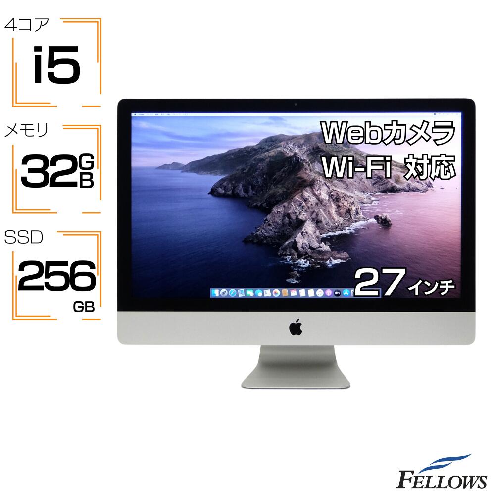 商品名 Apple iMac 27-inch A1419 Late-2013 インストール済みOS 10.15.7 Catalina CPU Core i5 3.2GHz（ターボブースト時 最大3.6GHz） クアッドコア 6MBキャッシュ メモリー 32GB（PC3-12800 SO-DIMM） スロット数：4 ストレージ 256GB SSD 光学ドライブ なし グラフィック NVIDIA GeForce GT 755M メモリ：1GB DDR5 ディスプレイ 27インチワイド IPS液晶 解像度：2560x1440 ネットワーク 有線LAN（10/100/1000BASE-T） Wi-Fi（ac/a/b/g/n） Bluetooth v4.0 インターフェース SDXCカードスロット USB3.0 x4 Thunderbolt x2 ヘッドフォンジャック RJ-45 カメラ FaceTime HD サイズ (W)650x(D)203x(H)516mm 重量 約9.54Kg 付属品 電源ケーブル 外観・その他 商品写真はイメージとなります。 中古品の為、通常使用における小キズや細かな塗装はげ等ございます。 （ドット欠けは運送中に発生する場合がありますので3点までご了承下さい） クリーニング、正常動作確認済みです。 当店のクリーニングについては【こちら】をご覧下さい。 保証について こちらの商品は中古品です。 保証は到着後1年間となります。 詳しくは弊社保証ページをご覧ください。