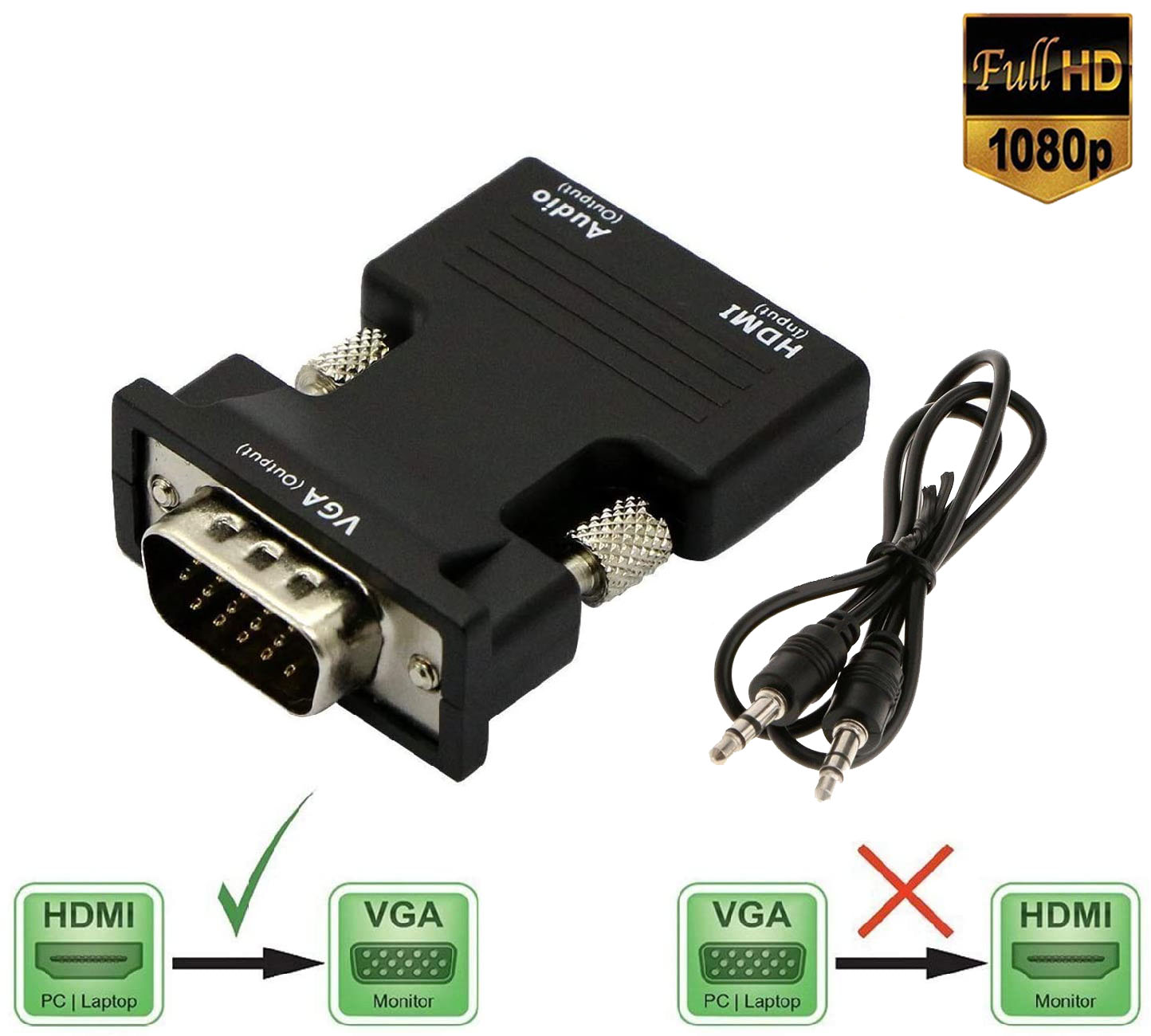 HDMI to VGA 変換アダプター ビデオアダプタ 音声出力 3.5mm ケーブル 付き 電源不要 オーディオ 1080p ビデオ出力 …