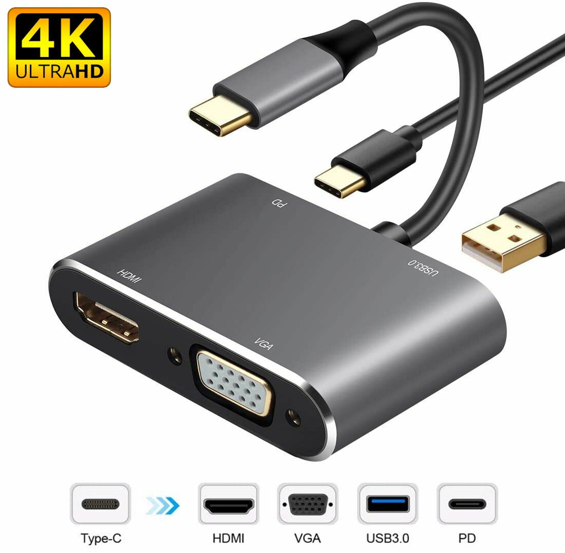 USB C ハブ usb type c ハブ 4K解像度 usb type c HDMI VGA 4in1 アダプタusb c vga 変換 usb c hdmi type c 変換アダプター PD急速充電 USB 3.0 MacBook Pro/MacBook Air/ChromeBook/Surface Go/Samsung/Huawei/Nintendo Switchに対応