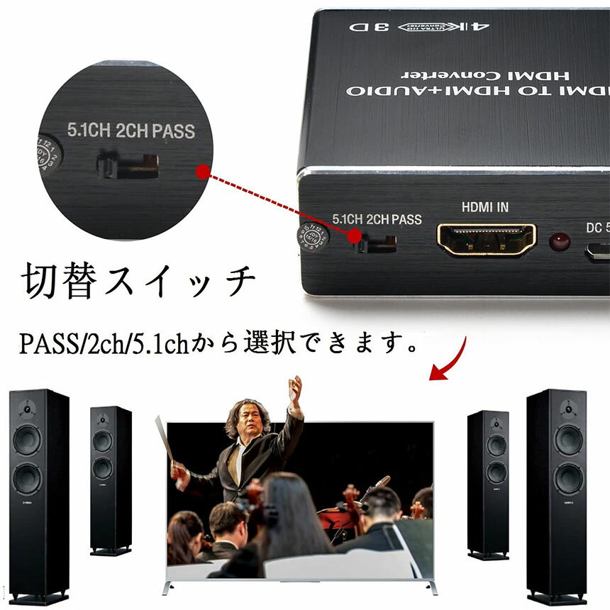 HDMIデジタルオーディオ分離器(HDMIrarr;HDMI+光デジタルSPDIF+Audio)4Kx2K3D3種類音声分離モードPASS2CH5.1CHHDMI出力