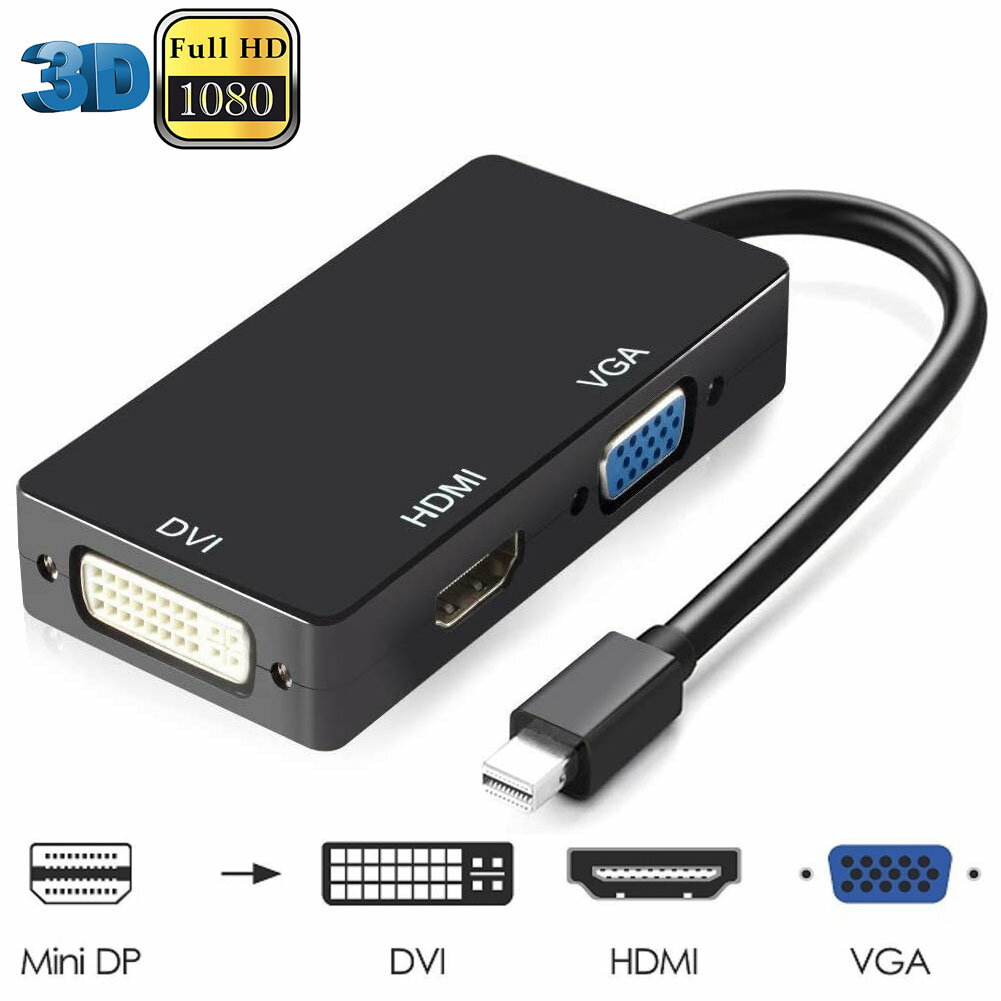 3in1 Mini Displayport to HDMI DVI VGA 変換 アダプター Thunderbolt to HDMI Surface pro 対応 ビデオアダプタ Mac Book Air/Mac Book Pro/iMac/Mac mini/Surface pro 1 2 3対応 ブラック