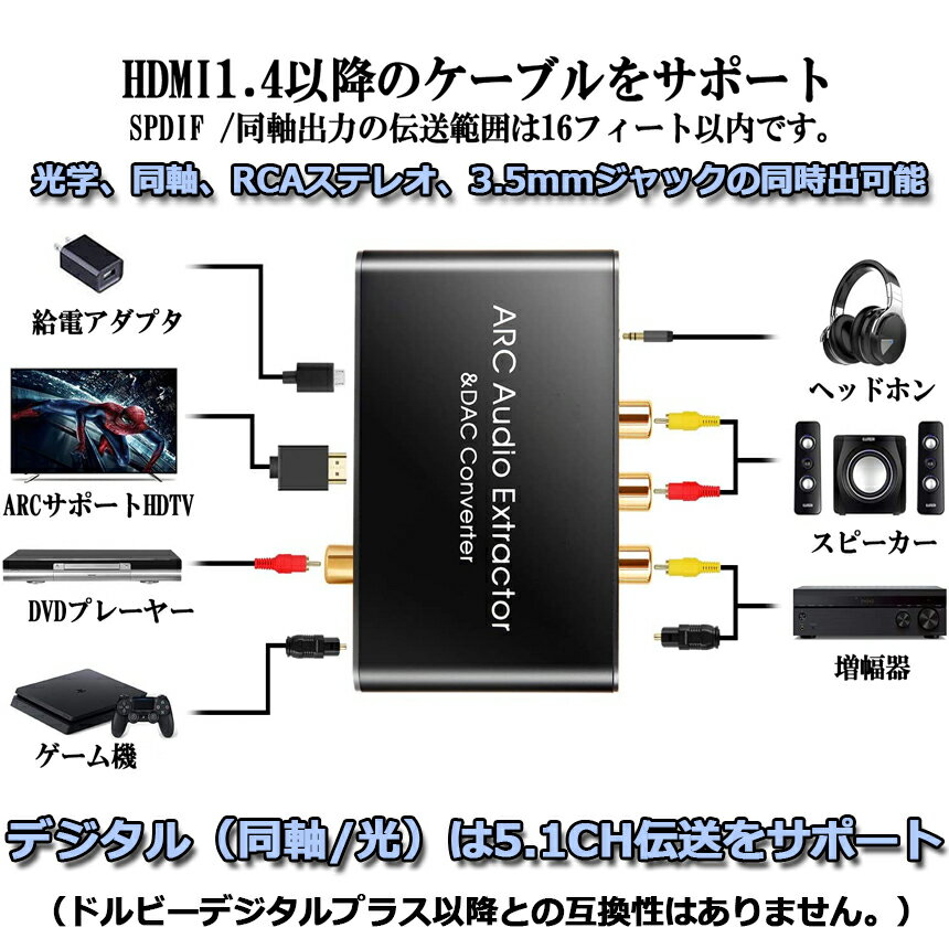 HDMI ARC�����ץ�����DAC����С����� HDMI /Ʊ��/ ������Ʊ��+��+RCA��L / R�˥��ʥ��������ǥ���+3.5mm�����ǥ������� HDMI ARC�����ǥ����������ȥ饯���������ץ��� �ǥ����륪�ץƥ�����ȥ���󥯡�HDTV���ԡ������ۡ��ॷ�������ѡ�