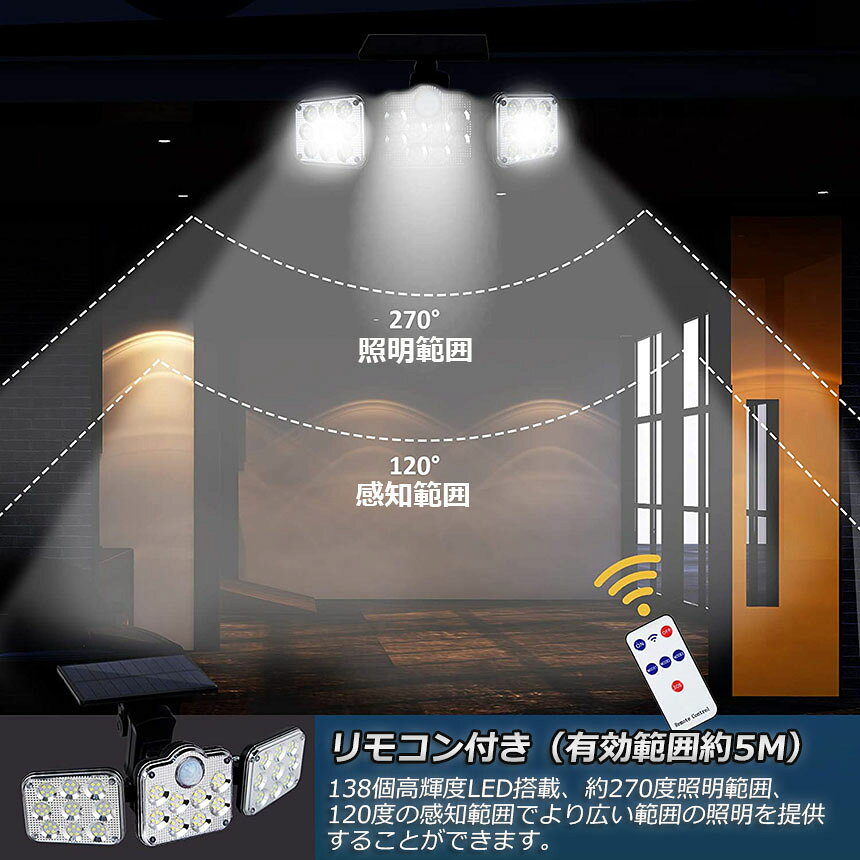 ソーラーライト 138LED 3灯式 リモコン付き センサーライト 防犯ライト ガーデンライト アウトドア ソーラーフラッドライ e-finds-ada-10008480 E-Finds 楽天市場店 サンプル画像3