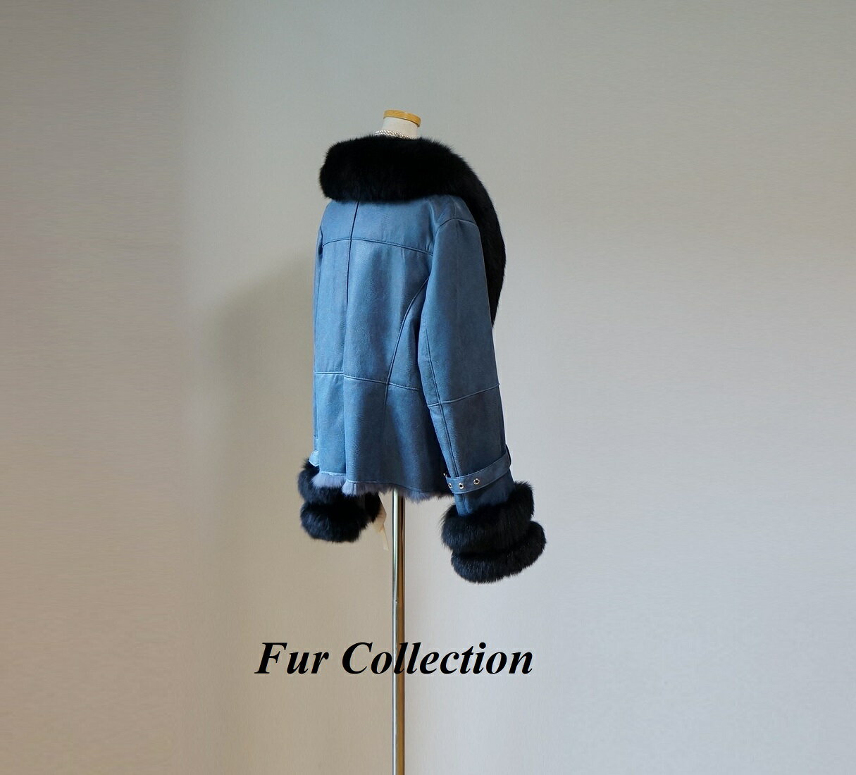 フォックスファー付きWフェイスレディースムートンコート新品処分ブルーブラック☆リアルムートン北欧羊革ラムUGGバレンチノ・セオリー・モンクレール・トスカーナムートンコート・フォックスコートレディース 毛皮コートお好きな方に