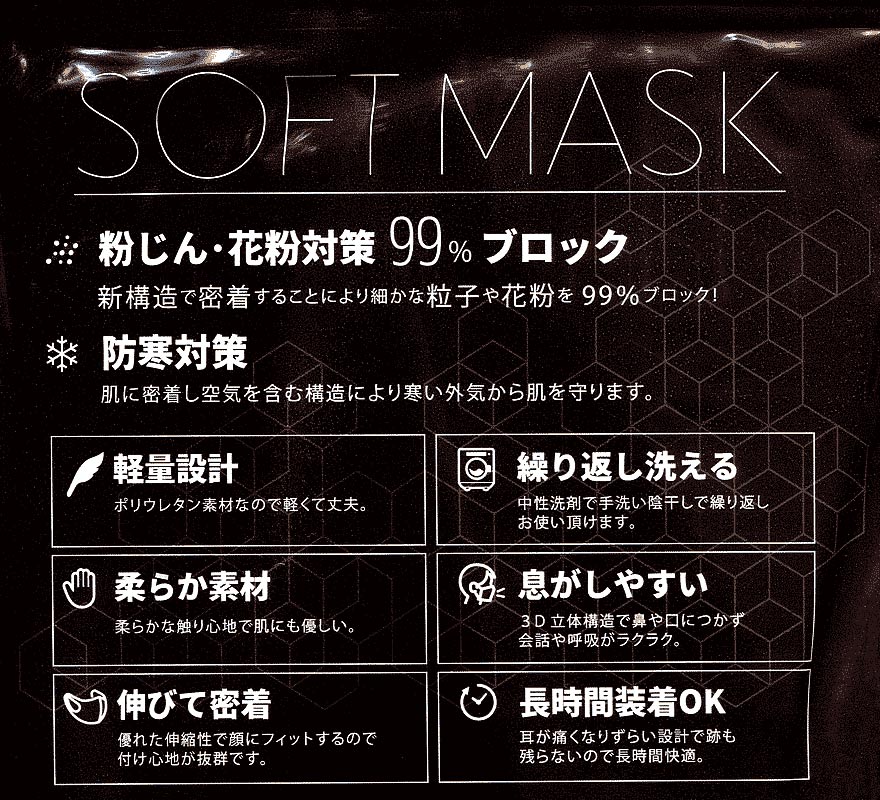ポリウレタンマスク 3枚入 ブラック SOFT MASK