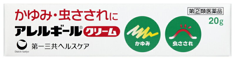 商品説明文《アレルギールクリーム》は、●虫さされなどのかゆみに、早く、優れた効果のあるかゆみ止めクリームです。●局所麻酔剤塩酸リドカインをはじめ、消炎・鎮痒作用のある副腎皮質ホルモン剤プレドニゾロン酢酸エステル、抗ヒスタミン剤クロルフェニラミンマレイン酸塩、殺菌剤クロルヘキシジン塩酸塩などの成分を配合してあります。●虫さされのみならず、はげしいかゆみや炎症を伴う皮膚病に優れた治療効果が期待できます。●バニシングタイプのクリームですから、塗布したあと、ベタつかず、皮膚によく浸透し、使用感もさわやかです。使用上の注意1．次の人は使用前に医師又は薬剤師に相談して下さい（1）医師の治療を受けている人（2）本人又は家族がアレルギー体質の人（3）薬によりアレルギー症状を起こしたことがある人（4）患部が広範囲の人（5）湿潤やただれのひどい人2．次の場合は、直ちに使用を中止し、この説明文書を持って医師又は薬剤師に相談して下さい（1）使用後、次の症状があらわれた場合〔関係部位〕〔症状〕皮ふ：発疹・発赤、かゆみ、はれ皮ふ（患部）：みずむし・たむし等の白癬症、にきび、化膿症状、持続的な刺激感（2）5〜6日間使用しても症状がよくならない場合成分・分量《アレルギールクリーム》は、特異の芳香を有するほとんど白色の軟膏で、1g中に次の成分を含有しています。〔成分〕塩酸リドカイン〔分量〕30mg〔はたらき〕かゆみ・痛みをすみやかに鎮めます〔成分〕クロルフェニラミンマレイン酸塩〔分量〕10mg〔はたらき〕かゆみを静めます〔成分〕プレドニゾロン酢酸エステル〔分量〕1．25mg〔はたらき〕かゆみ・炎症をやわらげます〔成分〕クロルヘキシジン塩酸塩〔分量〕2mg〔はたらき〕かき傷などの化膿を防ぎます〔成分〕サリチル酸メチル〔分量〕20mg〔はたらき〕熱をとり、痛みを鎮めます〔成分〕l−メントール〔分量〕5mg〔はたらき〕かゆみを鎮めます〔成分〕d−カンフル〔分量〕5mg〔はたらき〕痛み・かゆみを鎮めます添加物：流動パラフィン、ミリスチン酸イソプロピル、ステアリン酸、セタノール、グリセリン脂肪酸エステル、ステアリン酸ポリオキシル、パラベン、プロピレングリコール、エデト酸Na効果・効能●かゆみ、虫さされ、あせも、じんましん●かぶれ、しもやけ、かみそりまけ●湿疹、皮膚炎、ただれ用法・用量1日1〜数回適量を患部に塗布して下さい＜用法・用量に関連する注意＞1．用法を厳守して下さい。2．小児に使用させる場合には、保護者の指導監督のもとに使用させて下さい。3．目に入らないよう注意して下さい。万一、目に入った場合には、すぐに水又はぬるま湯で洗って下さい。なお、症状が重い場合には、眼科医の診療を受けて下さい。4．外用にのみ使用して下さい。保管・保存方法1．直射日光の当たらない湿気の少ない涼しい所に密栓して保管して下さい。2．小児の手の届かない所に保管して下さい。3．他の容器に入れ替えないで下さい（誤用の原因になったり品質が変わります。）。4．表示の使用期限を過ぎた製品は使用しないで下さい。保管および取扱い上の注意1.次の人は使用前に医師又は薬剤師に相談して下さい（1）医師の治療を受けている人（2）本人又は家族がアレルギー体質の人（3）薬によりアレルギー症状を起こしたことがある人（4）患部が広範囲の人（5）湿潤やただれのひどい人2.次の場合は、直ちに使用を中止し、この説明文書を持って医師又は薬剤師に相談して下さい（1）使用後、次の症状があらわれた場合〔関係部位〕〔症状〕皮ふ：発疹・発赤、かゆみ、はれ皮ふ（患部）：みずむし・たむし等の白癬症、にきび、化膿症状、持続的な刺激感（2）5〜6日間使用しても症状がよくならない場合お問い合わせ先第一三共ヘルスケア株式会社お客様相談室〒103−8234東京都中央区日本橋3−14−10電話03（5205）8331受付時間9：00〜17：00（土、日、祝日を除く）商品区分第(2)類医薬品　日本製広告文責ゴダイ(株) 楽天市場店メールアドレス　e-godai_4@shop.rakuten.co.jp電話番号　 079-268-2777使用期限・医薬品の販売記載事項使用期限使用期限まで1年以上あるものをお送りします。（液剤商品等は対象外となります。)医薬品販売記載事項医薬品販売に関する記載事項（必須記載事項）はこちら