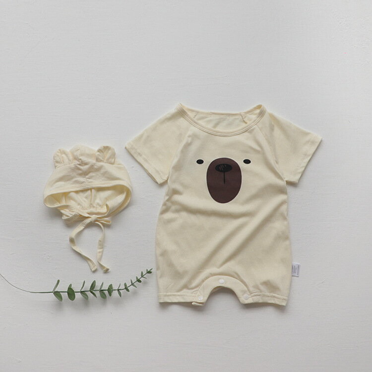 【韓国子供服】キッズ 帽子付き つなぎ ロンパース クマちゃん 熊 オフホワイト コットン 綿100％ 北欧 春夏 女の子 男の子 メール便可