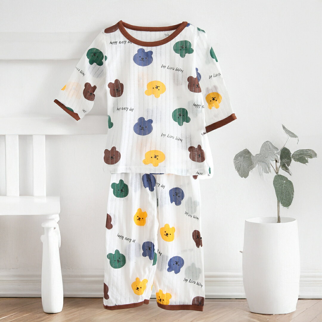 【韓国子供服】キッズ 上下セット ロング Tシャツ+ パンツ クマちゃん 熊 ブラウン コットン 綿100% 部屋着 パジャマ 着替え 春夏 通園 女の子 男の子 メール便可