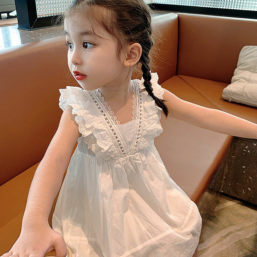 【韓国子供服】キッズ 刺繍 フリル ワンピース おしゃれ かわいい 春夏 お出掛け ホワイト パルーン コットン 綿100％ 通園 女の子 メール便可