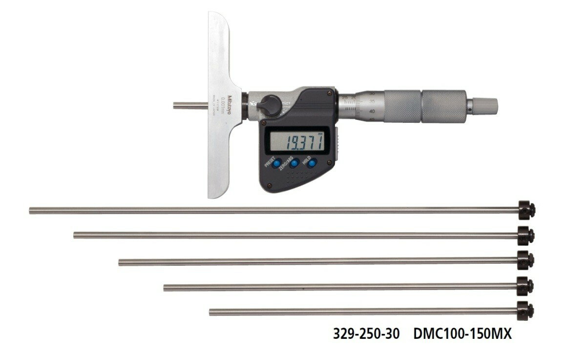 【画像は代表画像でイメージです】【納期について】ご注文後1〜4営業日後の出荷となります。在庫管理には細心の注意を払っておりますが、複数のショッピングサイトを運営しております都合上、同時注文があった場合などにより、在庫切れとなる場合がございます。ご注文確定点では、商品の確保までお約束するものではございません。 ■替ロッド形デプスマイクロ 329-250-30 DMC100-150MXの特長 ロッドを交換することにより、広範囲の測定に対応できます。 測定データの出力端子があり、統計的工程管理システムや計測システムが構成できます。 ロッド径：φ4mm クランプ付 定圧装置付 測定範囲：0〜150mm 最小表示量：0.001mm ベース面寸法：101.6×16 替ロッド数：6本 本体の送り誤差：±3?m 基準面の平面度：基準面の長さ101.6mm　2?m 測定面(ロッド)の平面度：0.3?m 測定面と基準面の平行度：(4＋最大測定長)?m(端数切上げ) ロッドの基点誤差：±(2＋最大測定長)?m(端数切上げ) 電源：ボタン形酸化銀電池SR44(モニタ用 1個 標準付属) 電池寿命：通常使用約2.4年 位置検出方式：電磁誘導式ロータリエンコーダ メーカー：ミツトヨ(MITUTOYO)【画像は代表画像でイメージです】【納期について】ご注文後1〜4営業日後の出荷となります。在庫管理には細心の注意を払っておりますが、複数のショッピングサイトを運営しております都合上、同時注文があった場合などにより、在庫切れとなる場合がございます。ご注文確定点では、商品の確保までお約束するものではございません。 ■替ロッド形デプスマイクロ 329-250-30 DMC100-150MXの特長 ロッドを交換することにより、広範囲の測定に対応できます。 測定データの出力端子があり、統計的工程管理システムや計測システムが構成できます。 ロッド径：φ4mm クランプ付 定圧装置付 測定範囲：0〜150mm 最小表示量：0.001mm ベース面寸法：101.6×16 替ロッド数：6本 本体の送り誤差：±3?m 基準面の平面度：基準面の長さ101.6mm　2?m 測定面(ロッド)の平面度：0.3?m 測定面と基準面の平行度：(4＋最大測定長)?m(端数切上げ) ロッドの基点誤差：±(2＋最大測定長)?m(端数切上げ) 電源：ボタン形酸化銀電池SR44(モニタ用 1個 標準付属) 電池寿命：通常使用約2.4年 位置検出方式：電磁誘導式ロータリエンコーダ メーカー：ミツトヨ(MITUTOYO)
