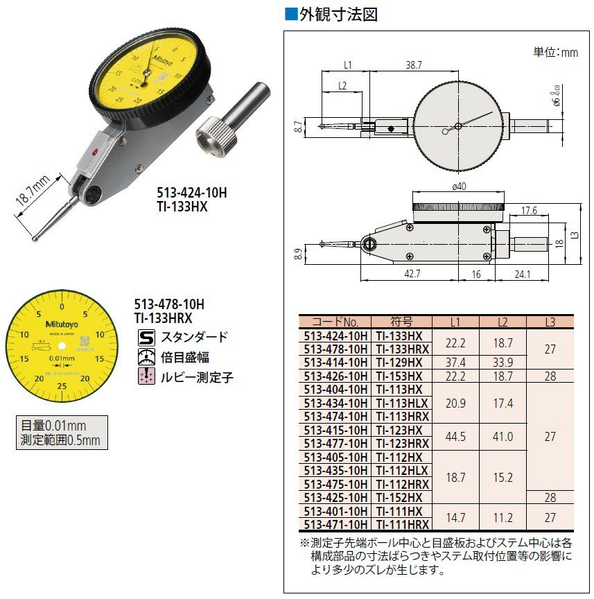 ミツトヨ 513-478-10H TI-133HRX テストインジケータ てこ式ダイヤルゲージ 縦形 ノークラッチ 標準 アナログ