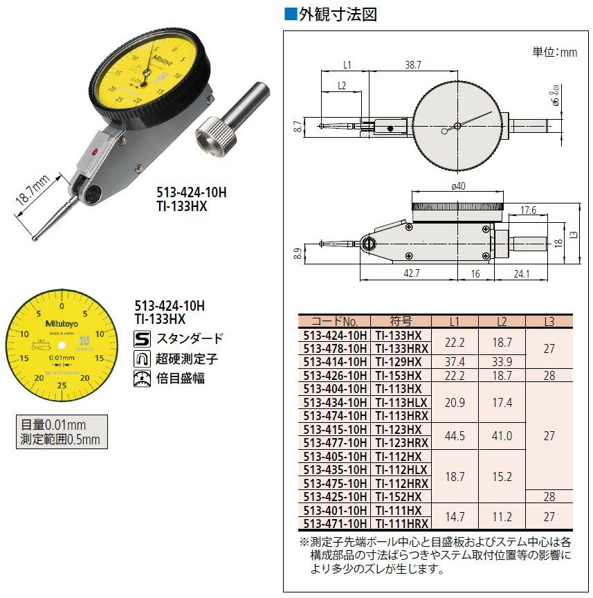 ミツトヨ 513-424-10H TI-133HX テストインジケータ てこ式ダイヤルゲージ 縦形 ノークラッチ 標準 アナログ