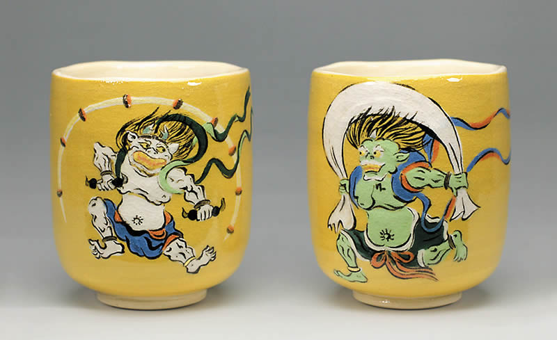 吉村楽入　2016年初春作品　風神雷神　ペア湯呑