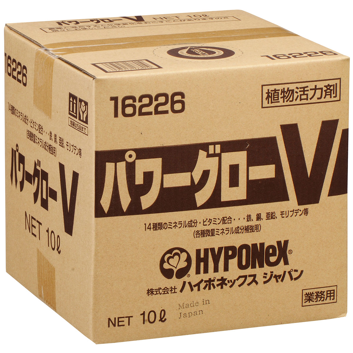 ※メーカーより直送品となります。日時指定はご対応出来かねますのでご了承お願い致します。ほか同梱商品があった場合別途送料が発生致しますご了承ください。植物の代謝を活性化して活力促進に各種微量要素・ビタミン入・高純度糖質入り液剤元気がない時、日照不足、植付け時、夏バテ対策などに成分カルシウム・マグネシウム・鉄・マンガン・ホウ素銅・亜鉛・モリブデン・ビタミン、高純度天然糖質(トレハロース)を配合特長植物の生育において、生育促進、樹勢回復など幅広い用途に1年中ご使用いただけます。ビタミンなどが根の伸長に作用し、植付けや植え替えの時のダメージを軽減して、新根を生育させ活着を促進して下葉を保護します。また、カルシウムなども新根の生長を促します。光合成の促進に効果のある銅などや、細胞の生成や強化に作用する亜鉛などが、日光不足下の植物の活性を高めます。花の色や葉緑素の生成に関与する鉄、銅などが花や葉の品質を向上させます。植物の体内酵素の活性化に効果のある鉄、銅、亜鉛、モリブデンなどが、不足しがちな人工培養土において、十分供給され、効果を発現します。用途鉢花、花壇苗、野菜苗、観葉鉢物、切花生産、芝生、樹木、東洋ラン、洋ラン、盆栽などに使用方法鉢物・苗物希釈倍率：100〜200倍施用方法：10〜15日間隔で通常の施肥と併用切花希釈倍率：100〜200倍施用方法：10〜15 日間隔で通常の施肥と併用。施用量は1平方メートルあたり希釈液2〜3Lが目安。東洋蘭・盆栽希釈倍率：200〜400倍施用方法：10〜15 日間隔で通常の施肥と併用。育苗希釈倍率：200〜400倍施用方法：10〜15 日間隔で通常の施肥と併用。植え替え時希釈倍率：200〜400倍施用方法：植え替えの前後に施用してください。※葉面散布にも使用できます。注意事項※飲み物ではありません。飲まないでください。※子供の手の届かないところで保管してください。※目に入らないように注意してください。目に入った場合は、直ぐに水で洗い流してください。※作業終了後は手や顔等を洗い、うがいをしてください。※使用前には、必ず使用説明書をお読みのうえ、正しくお使いください。※施用量、施用間隔は目安ですので、お試しのうえお使いください。施用量、施用間隔は植物の種類、生育状態、気象条件、用土、潅水方法などにより異なる場合があります。※農薬、液肥と混合すると化学変化を起こすことがありますので、別々にお使いください。※使用後は密封し、直射日光や湿気を避けて保管してください。※使用済みの空袋は放置せず適切に破棄してください。※パワーグローVは農薬、肥料ではありません。検索ワード：HYPONex 生産者 業務用 大容量 農家 家庭園芸 ガーデニング