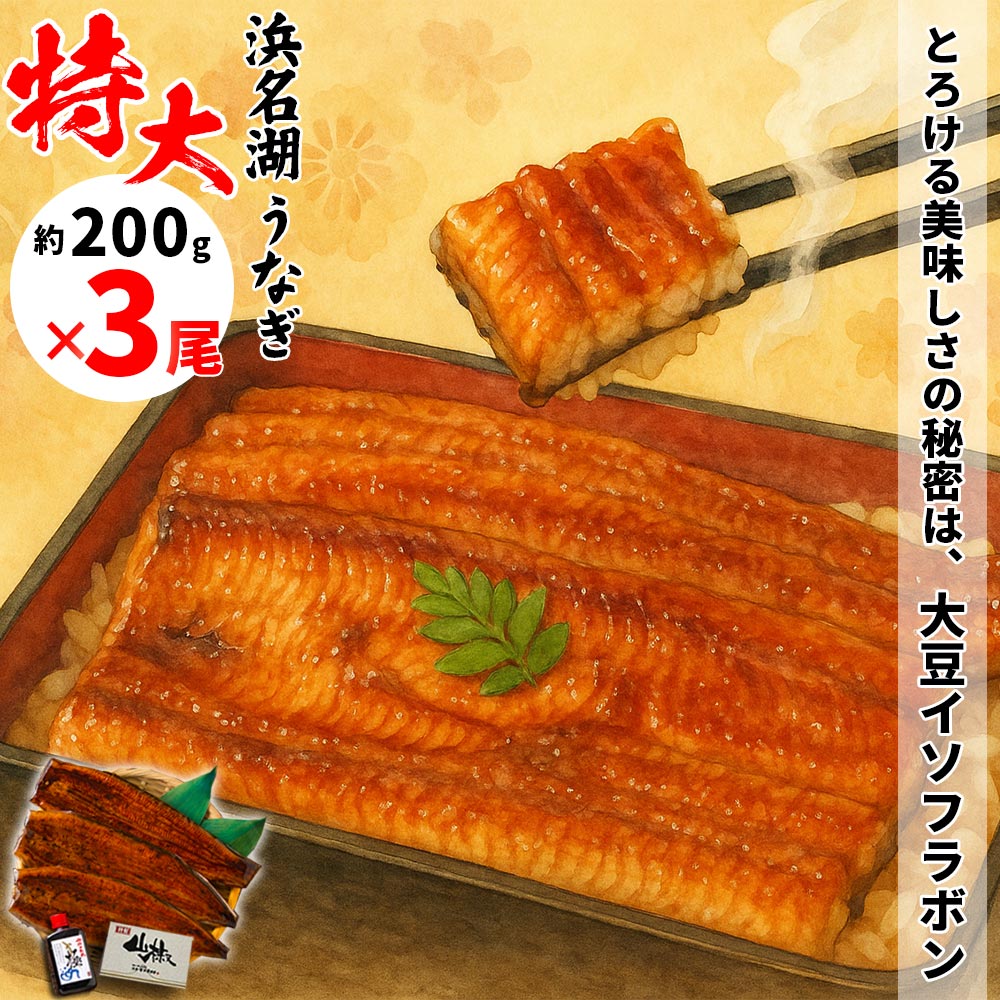 【浜名湖うなぎ 特大蒲焼 やわら華】約200g×3尾 約6人前 ギフト【送料無料】大豆イソフラボンを与えて、匠が育てた浜名湖うなぎ 肉厚でふっくら柔らか めすウナギ　 添加物不使用、無添加　秘伝の焼きタレ 静岡産 国産 鰻◆誕生日プレゼント　母の日　父の日