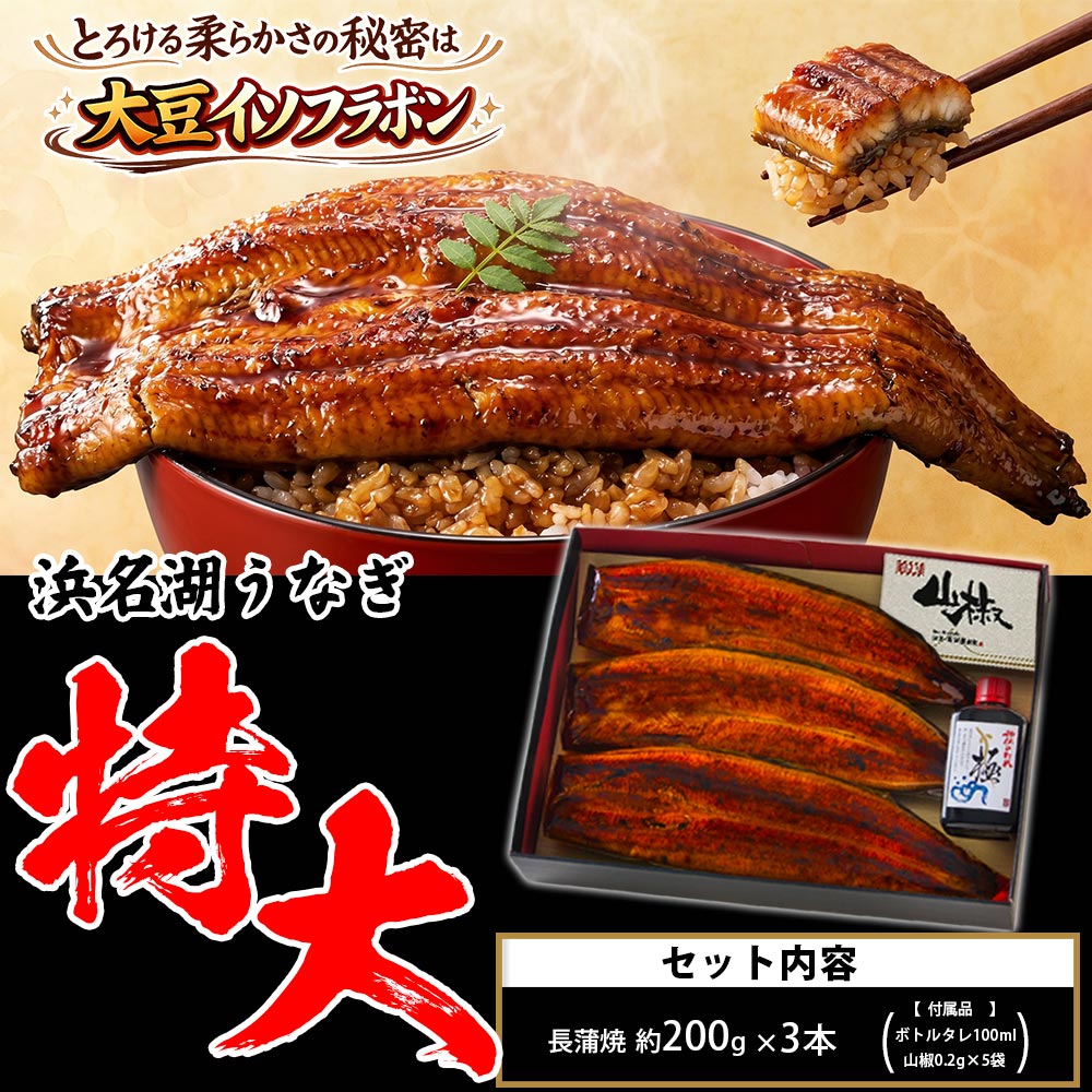 【今だけP5倍！】【浜名湖うなぎ 特大蒲焼 やわら華】約200g×3尾 ギフト【送料無料】大豆イソフラボンを与えて匠が育てた 浜名湖産 うなぎ 肉厚でふっくら柔らか めす ウナギ 添加物不使用 無添加 秘伝の焼きタレ 静岡産 国産 鰻◆誕生日プレゼント 母の日 父の日