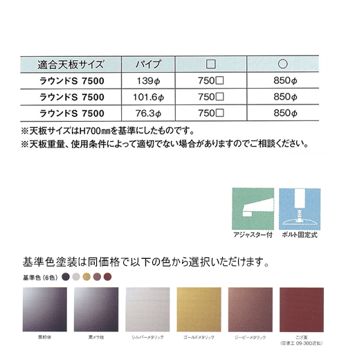 テーブル脚 アイアン DIY 脚 パーツ ラウンドS7500 ベース500φ パイプ76.3φ 受座240x240 基準色塗装 AJ付 高さ700mmまで [2]