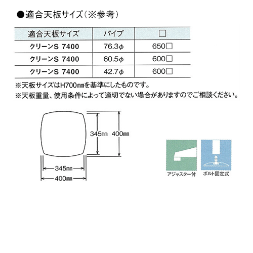 テーブル脚 アイアン DIY 脚 パーツ クリーンS7400 ベース400x400 パイプ42.7φ 受座240x240 ニッケルサテン AJ付 高さ700mmまで [2]