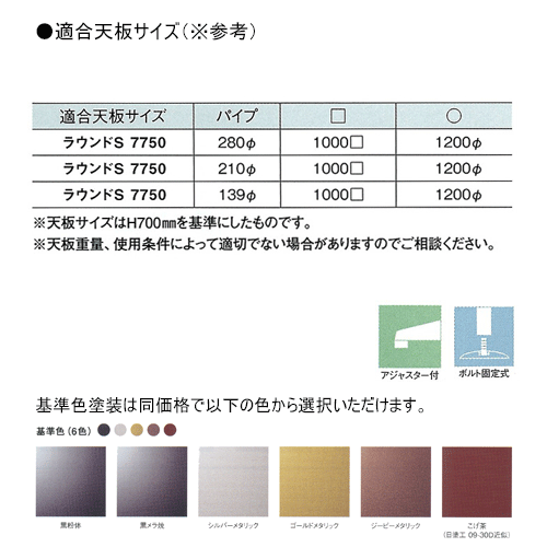テーブル脚 アイアン DIY 脚 パーツ ラウンドS7750 ベース750φ パイプ210φ 受座350x350 基準色塗装 AJ付 高さ700mmまで [2]