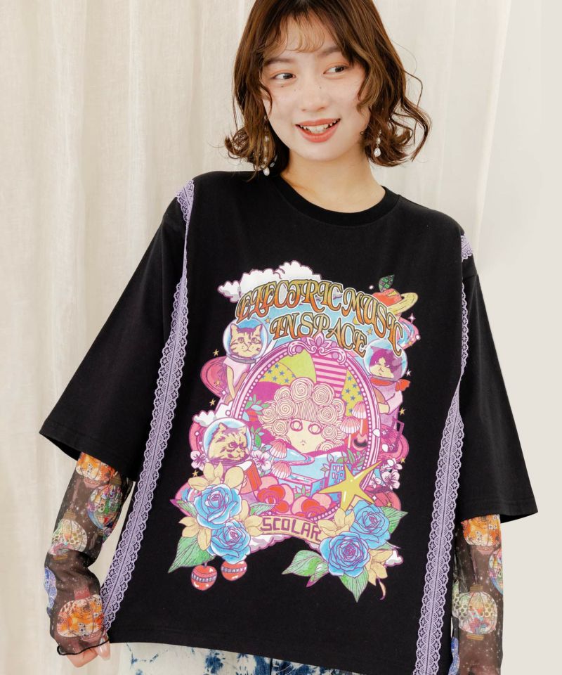 楽天KING BISCUIT TIMEscolar スカラー 152625：スカラーちゃん×宇宙ネコ柄 レース叩き付けTシャツ